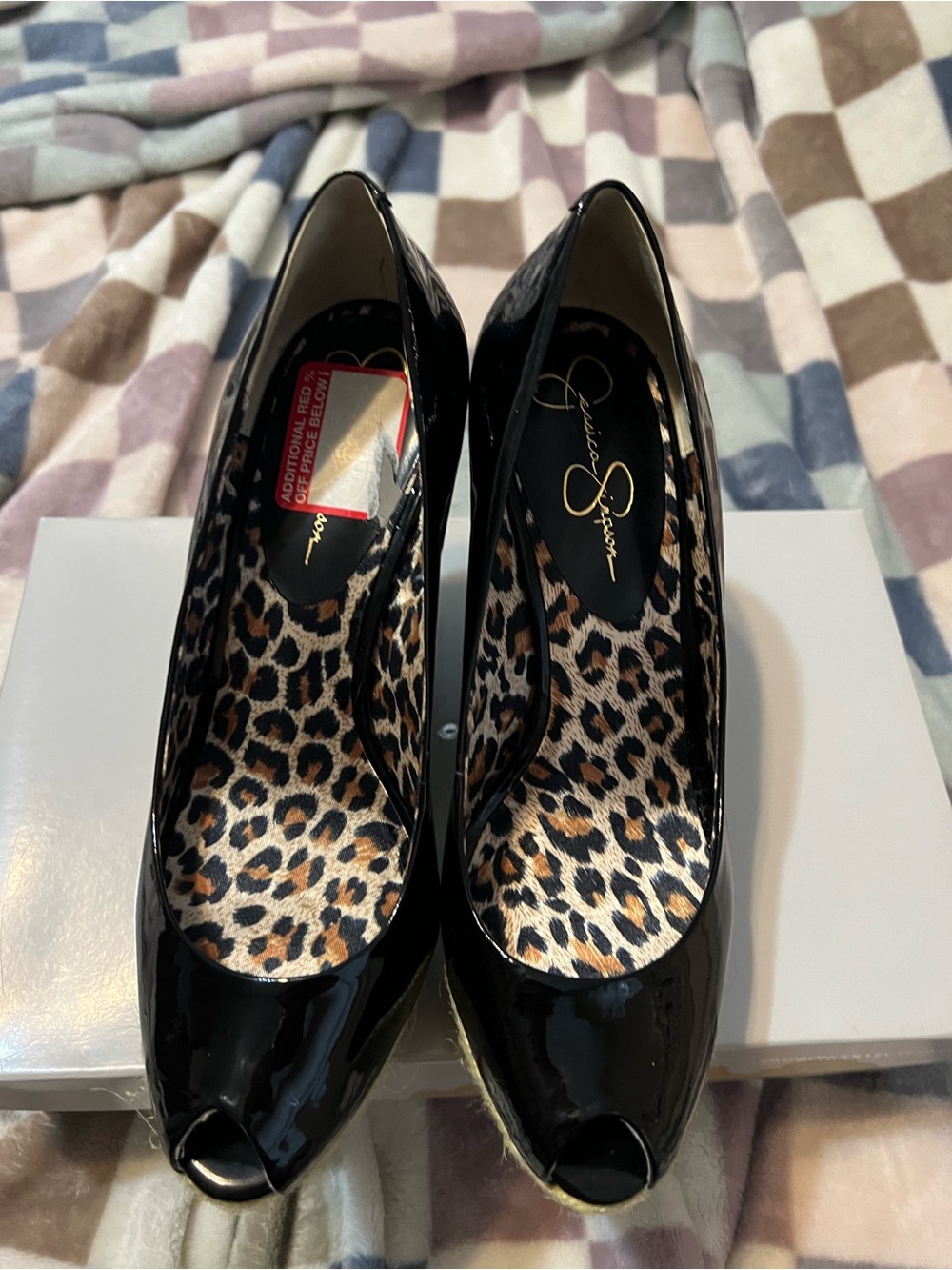Jessica Simpson Black Patent Peep-Toe Heels wedge with Leopard Insole